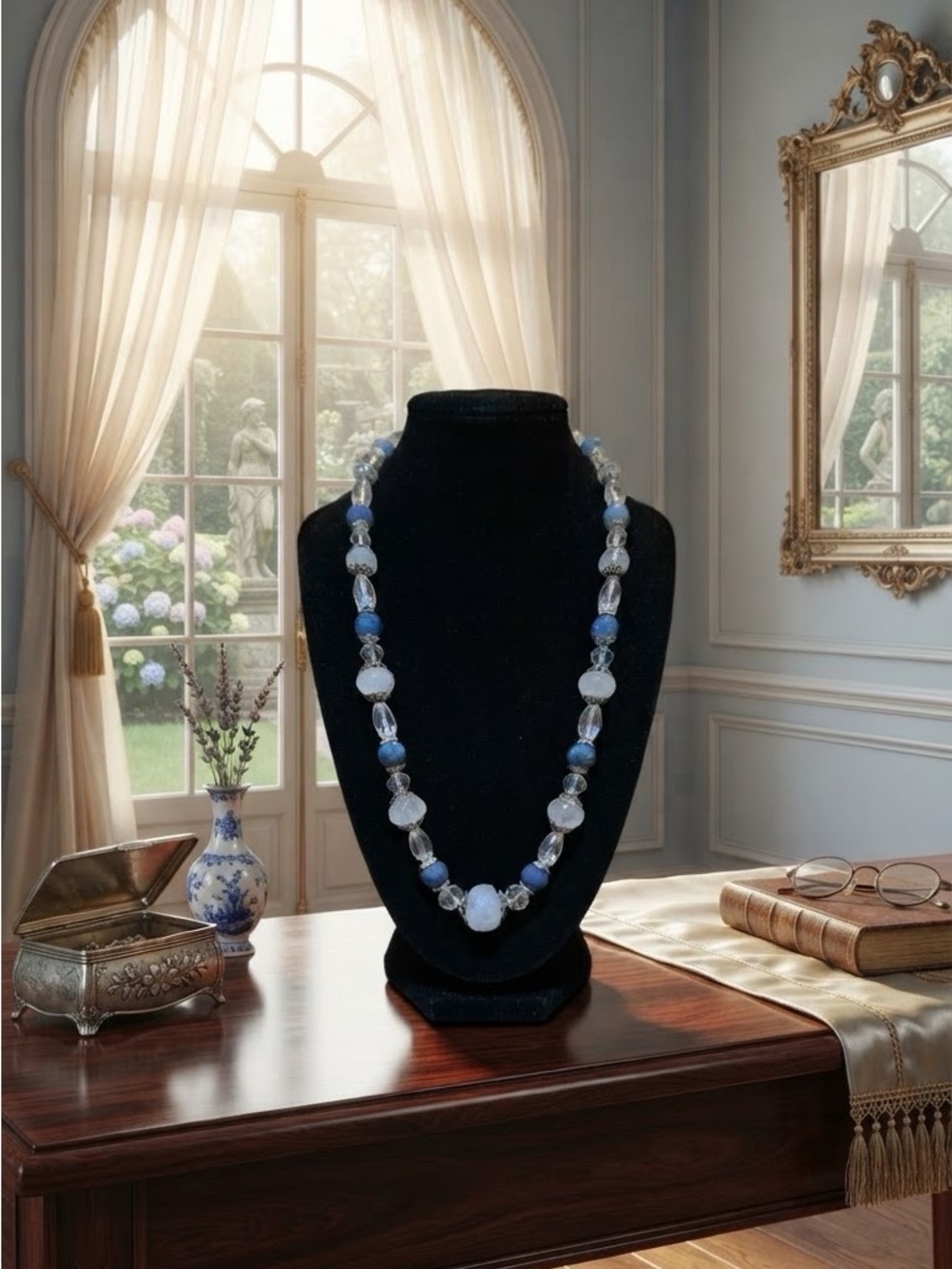 Handmade Blue and Clear Beaded Necklace